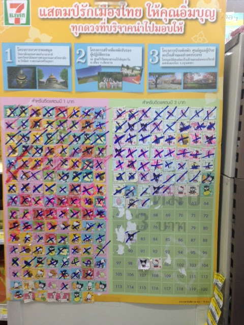 stamps on a wall to donate money in 7-11